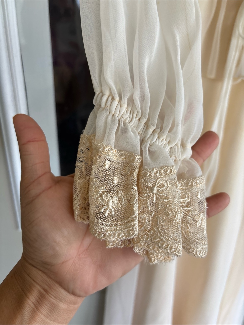 Sheer Lace-Trim Maxi Dress in Cream with Tie Waist Vintage 1970s - Picture 4 of 12